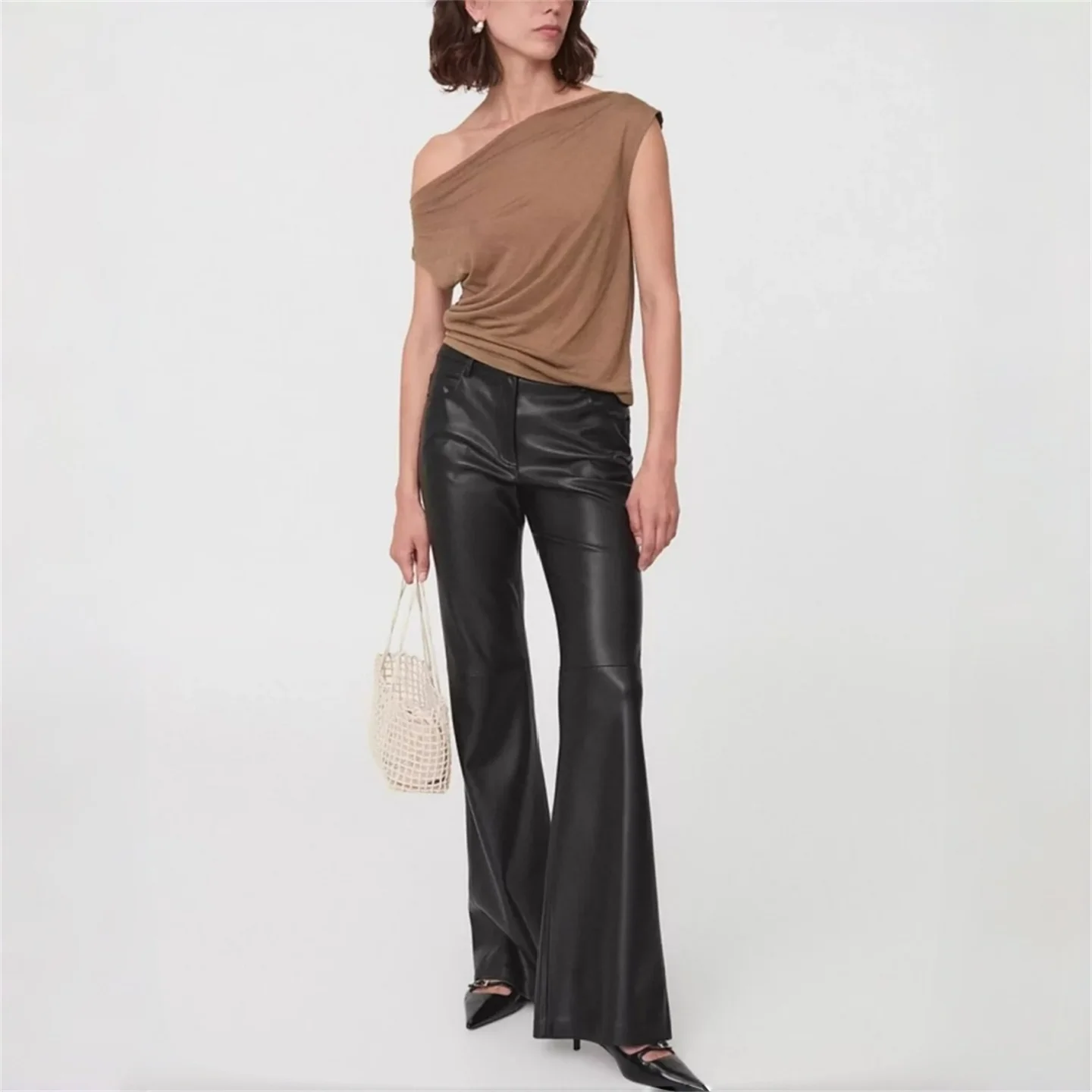Autumn PU Leather Long Pants Women's Buttoned Slimming High Waist Zipper Straight Leg Casual Trousers Long And Leggy Style