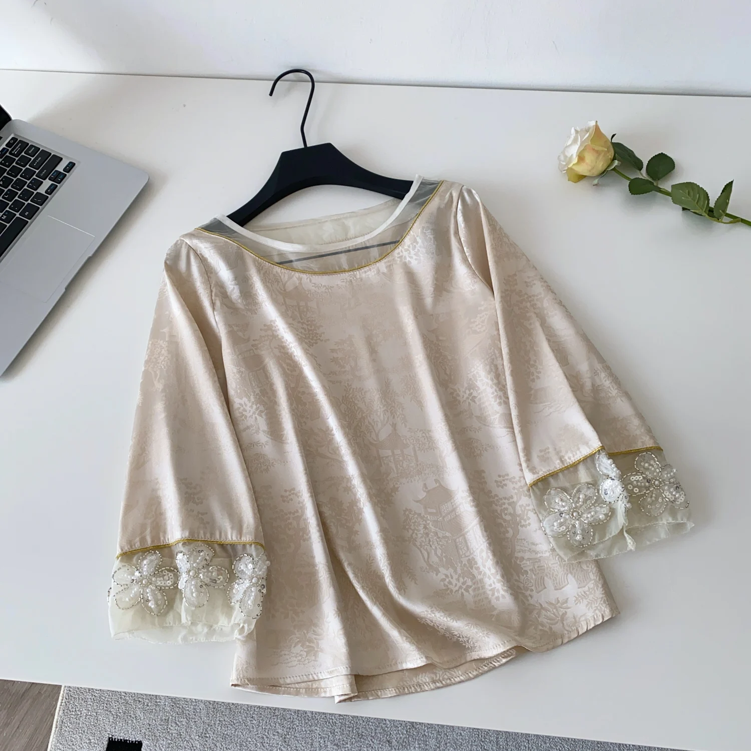 

Шикарная винтажная жаккардовая корейская модная блузка с длинным рукавом и круглым вырезом, женская осенняя женская одежда