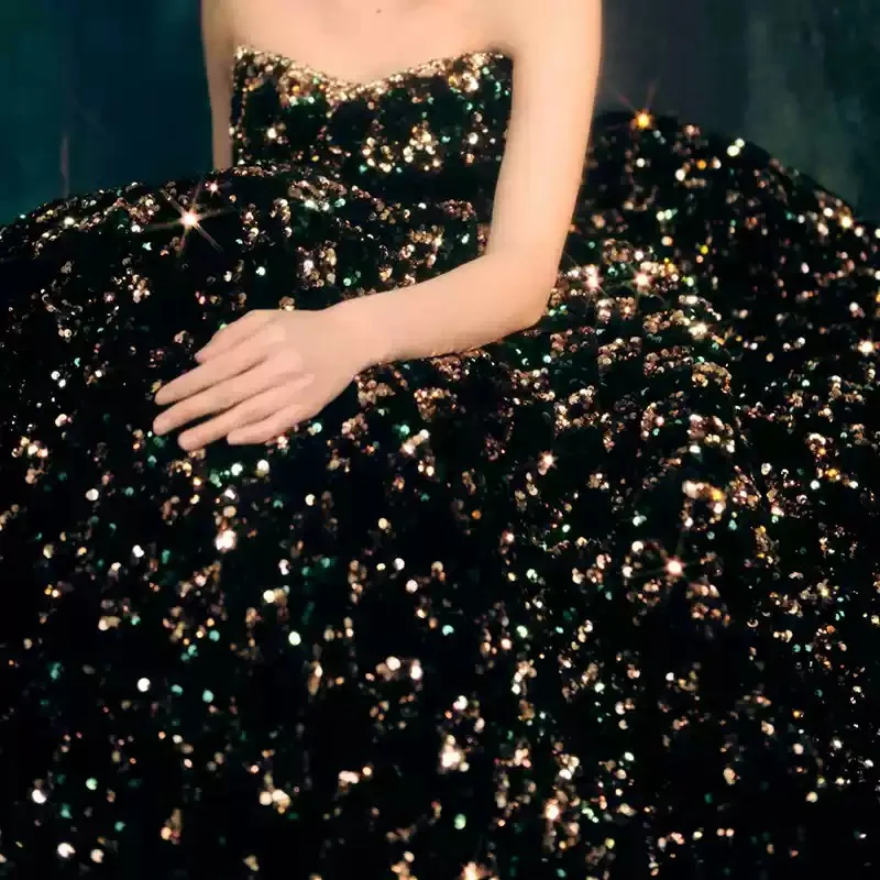 Black with Gold Green Sequined Evening Dresses High Waist Long Prom Gowns