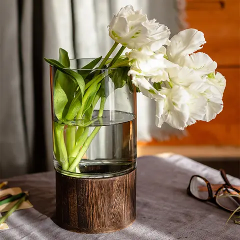 Luxe Glazen Vaas Met Houten Beugel Hoogwaardige Woonkamer Creatieve Transparante Bloemenvat Woondecoratie Accessoires Hot
