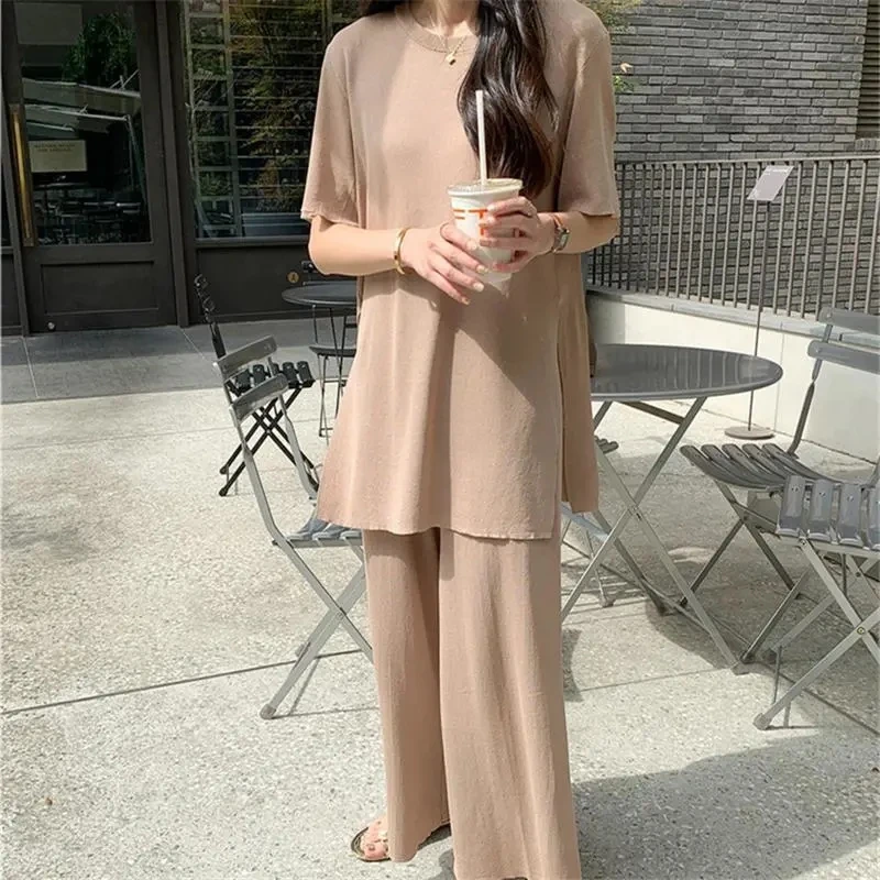 Loose Thin Elegant Knitted Pants 2 Piece Set Women Split Long Sleeve Tees Conjunto Casual Summer Wide Leg Pantalones Outfits