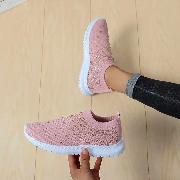 Plus Size 35-44 Crystal Breathable Mesh Sneaker Shoes for Women Comfortable Soft Bottom Flats Non Slip Casual Shoes Women