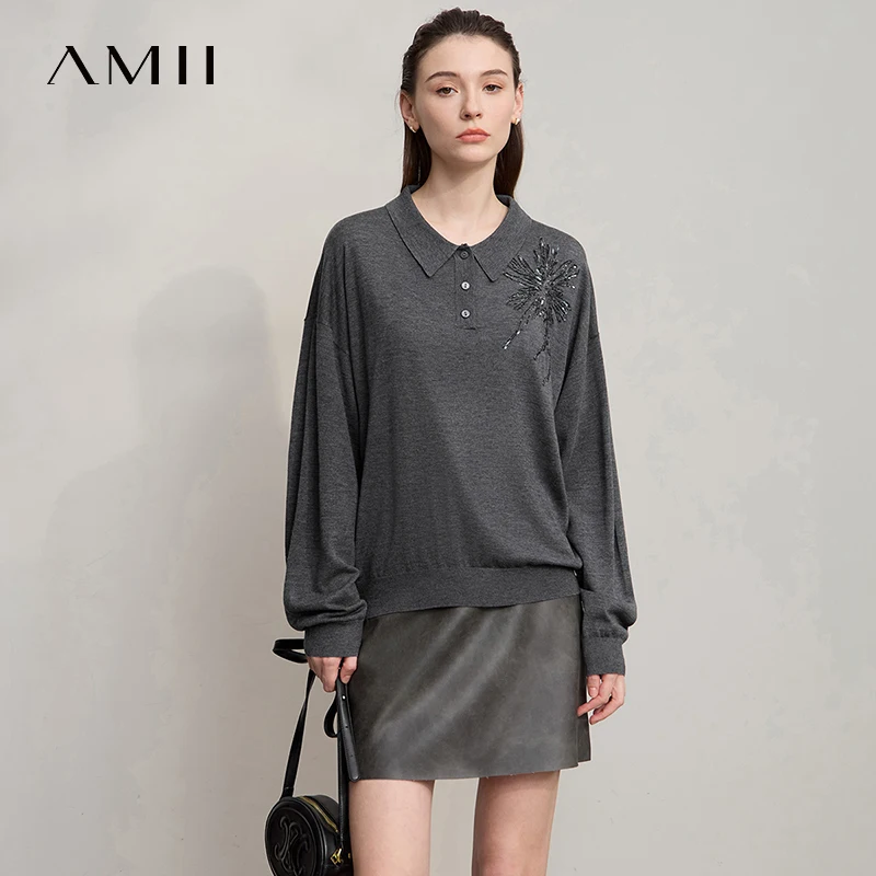 

AMII женский свитер, осень 2023, новые минималистичные однотонные топы для женщин, свободный универсальный пуловер с длинными рукавами, свитер 12553097
