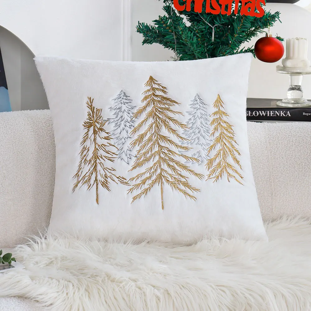 Christmas Faux Rabbit Fur Pillow Cover 45x45cm Gold Silver Christmas Tree Embroidery Cushion Case Xmas Home Decor for Sofa Couch