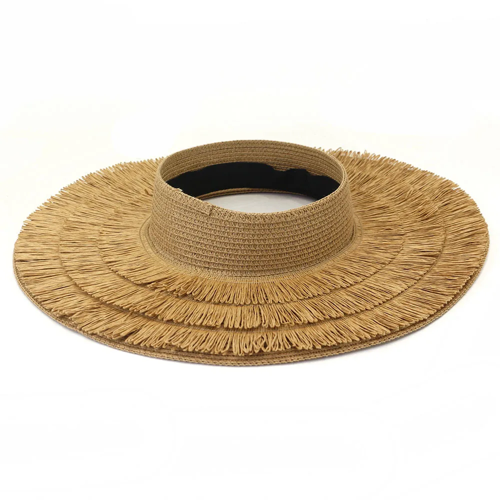 Designer empty top hat for woman big brim straw hat 3-layer fringed edge fashion retro outdoor vacation beach sun hat