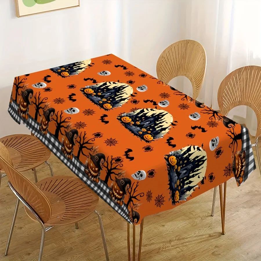 JIT - 1 piece of orange background patterned tablecloth, Halloween-themed artistic style, castle, batszyc