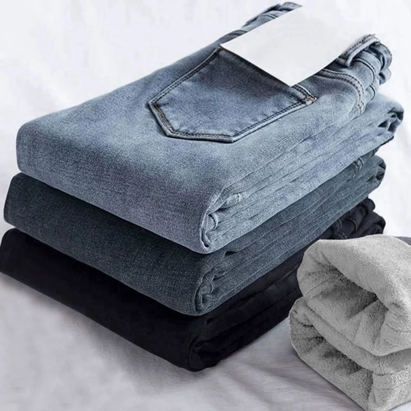 Winter Female High Waist Thermal Plush Solid Jeans Lady Thin Snow Warm Fleece Denim Trousers Girls Classic Straight Leg Pants