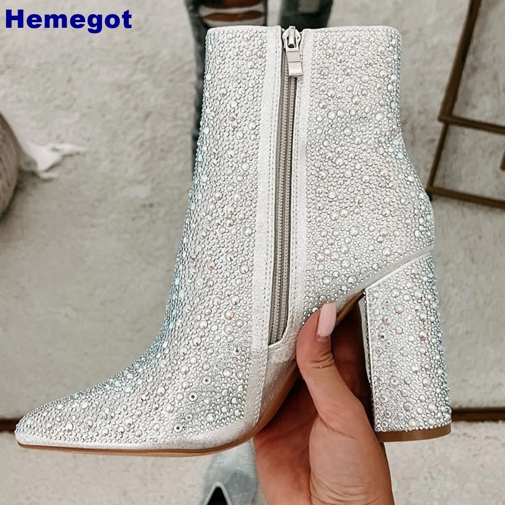 

Crystal Bling Sexy Banquet Short Boots 2024 Autumn Pointed Toe Luxury Street Stage Boots Fashion Ladies Zipper Thick High Heels