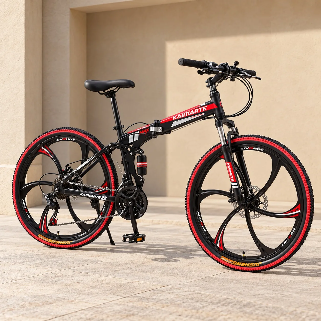 26 Inch 24 Speed Folding Mountain Bike with Black 6-Spoke Wheel, Dual Shock Absorption Disc Brake