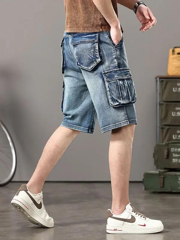 Retro workwear masculino verão denim orts perna reta motocicleta equitação grande ket fino ajuste calças de cinco quartos juventude faion
