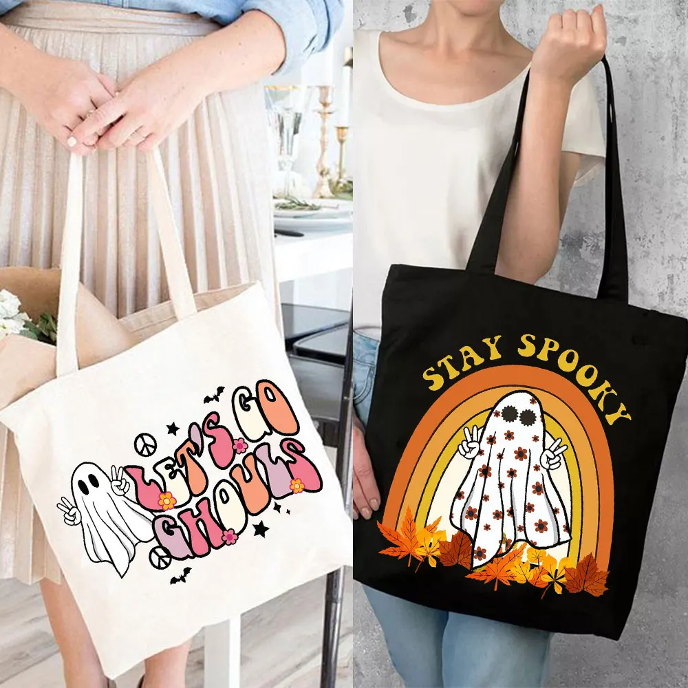 Stay Spooky Canvas Tote Bag Halloween Retro Funny Shopping Bag Halloween Party Gift ShopperHigh Capacity Canvas Shoulder Bags