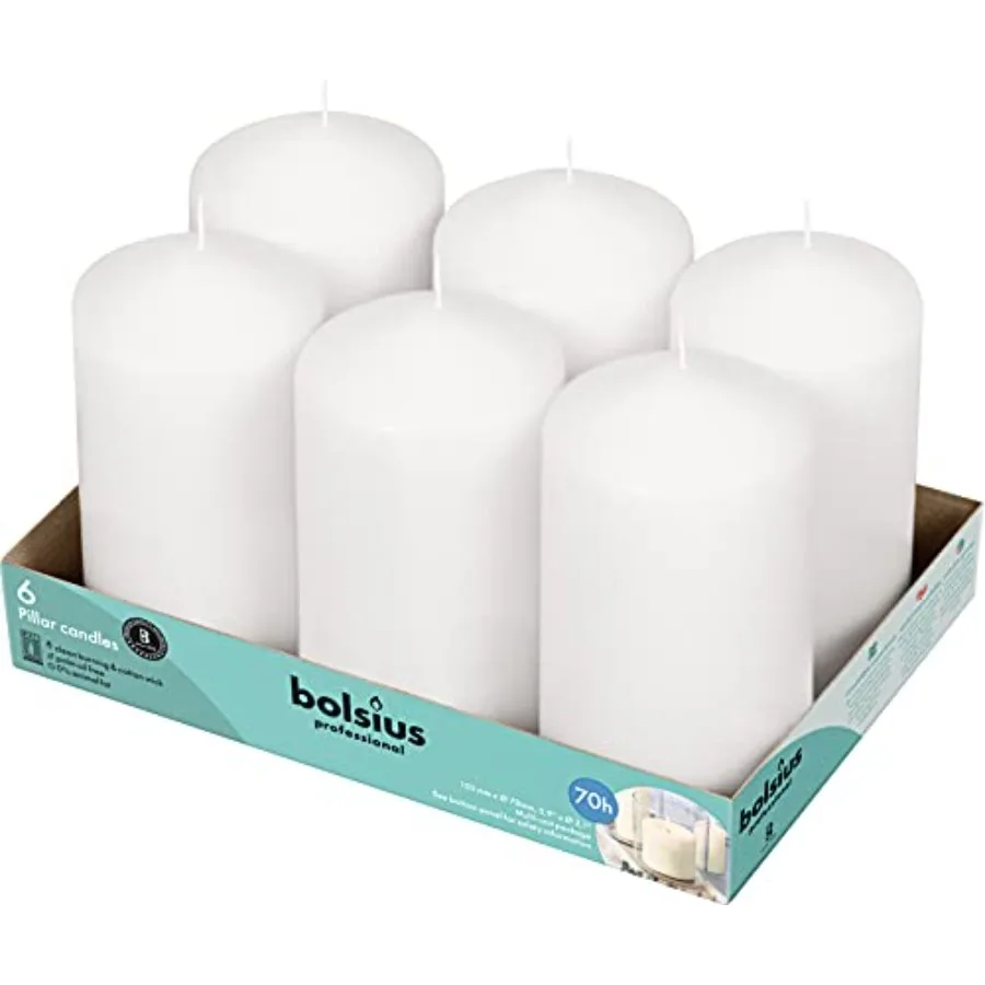 6 Velas Blancas de Pilar al por Mayor - Juego de Velas - Más de 70 Horas de Combustión Limpia - Sin Aceite de Palma - 0% Grasa Animal - Calidad Europea Premium - U