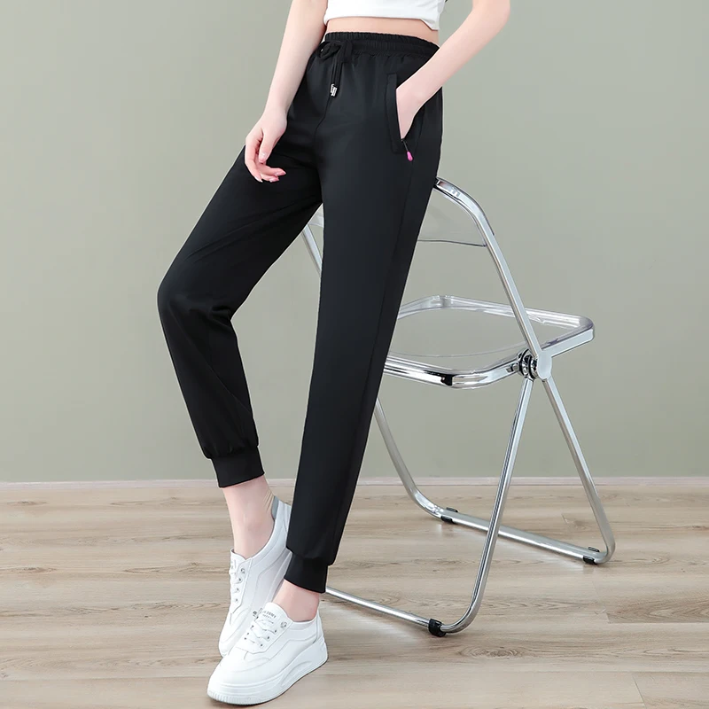 2024 New Simple Summer Ice Silk Thin Women's Solid Color High Waist Elastic Lace Up Bound Feet Fashion Versatile Sports Pants