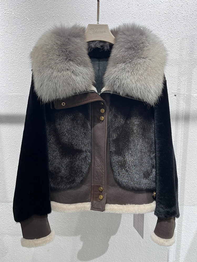 

Fashion Winter Women Real Natural Fox Fur Collar Mink Fur Coat Merino Sheep Fur Jacket Genuine Leather Thick Luxury Female Coats