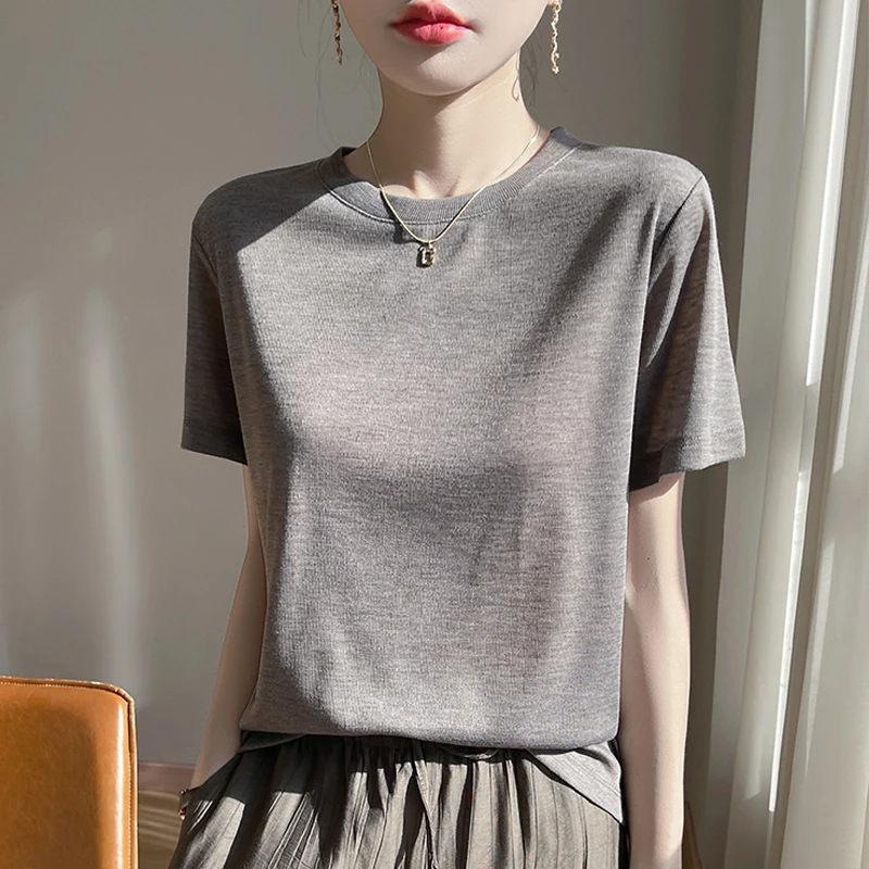 Color Matching Round Neck Thin Knitted Short-Sleeved T-Shirt Worsted Bottoming Shirt 2025 Spring Summer New Top Sweater