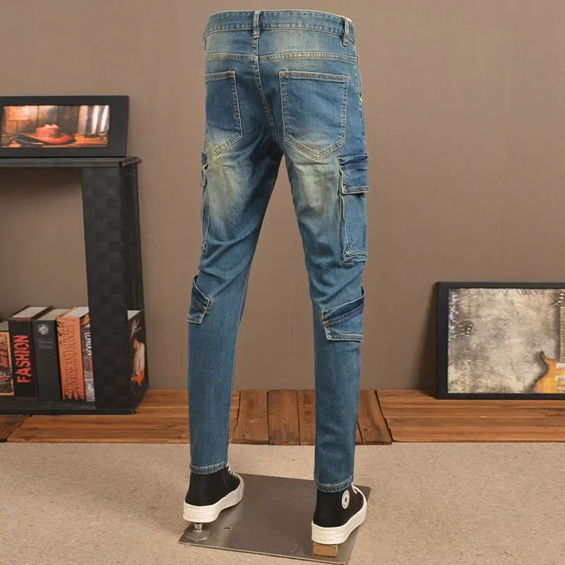 Street Designer Mode Mannen Jeans Retro Blauw Stretch Slim Fit Grote Zak Denim Cargo Broek Mannen Y2K Hip Hop Biker Jeans Homme