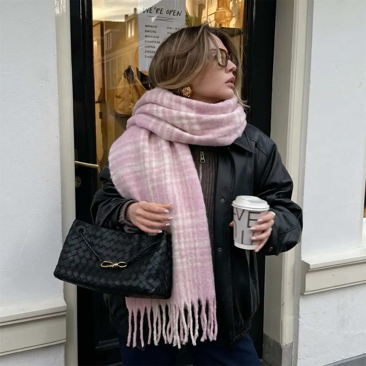 Cosy Check Fringe Shawl Plush Faux Cashmere Thermal Neck Wrap Retro Grid Motif Tassel Stole Loose Large Cover Up For Women Stree