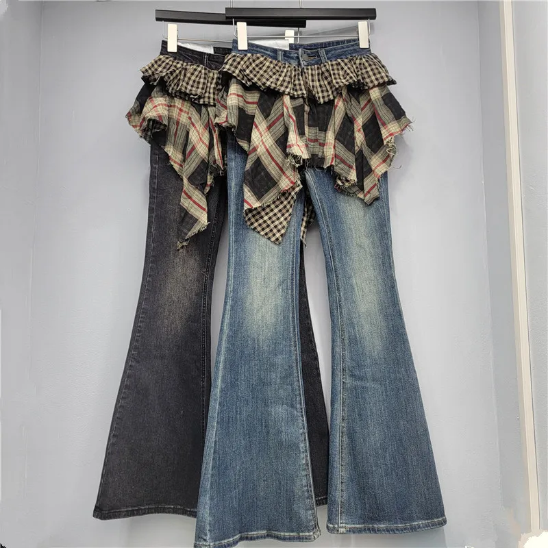

Длинные джинсовые брюки нестандартного дизайна в стиле пэчворк для женщин, осень 2023, новые универсальные эластичные слегка пряные джинсы длиной до пола