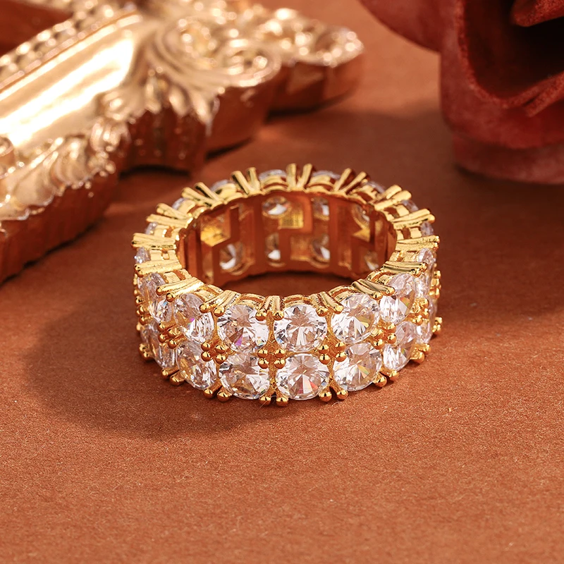 

Exquisite Full-diamond Zircon Double-row Diamond Gold-plated Ring For Women 925 Silver New Sparkling Zircon Ring Party Gift