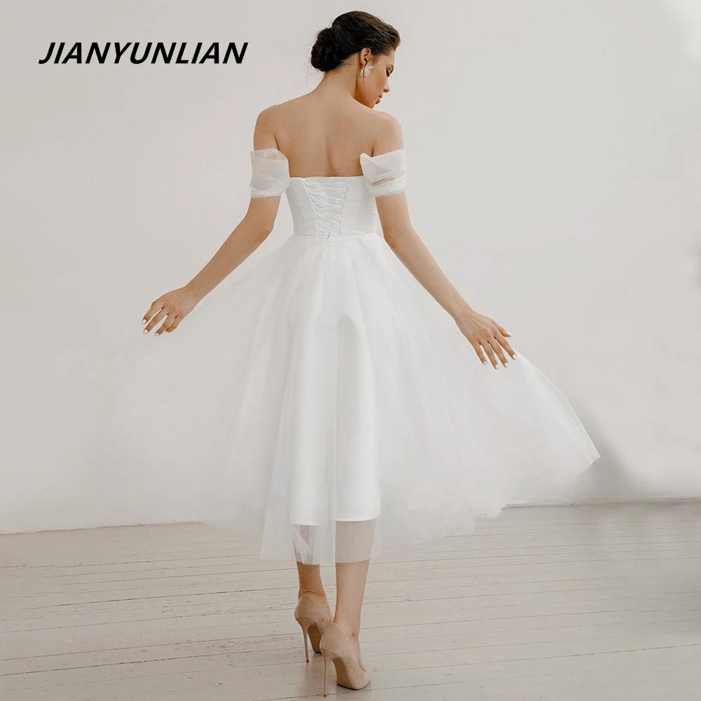 Short Wedding Dress White Tulle Off the Shoulder A Line Wedding Gowns for Women Bride Tea Length Backless Midi Bridal Dress