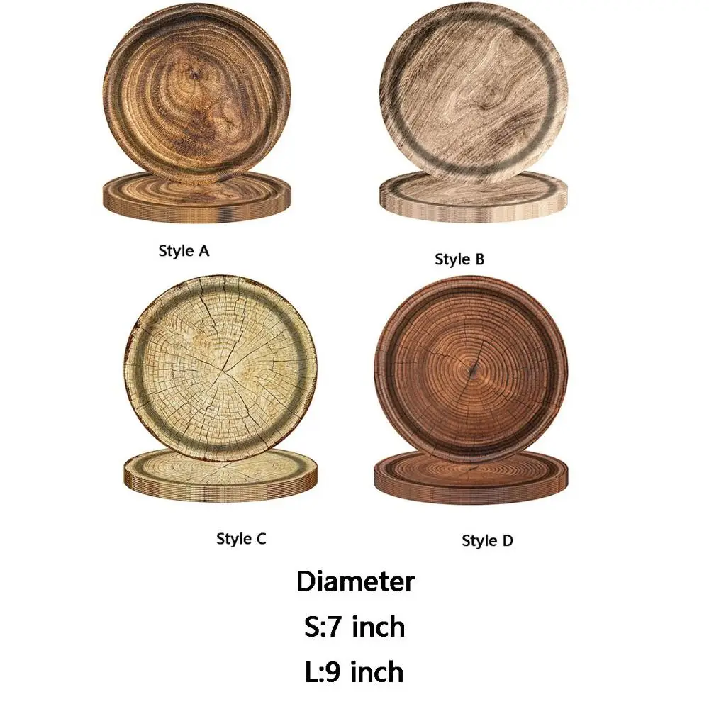 10pcs Round Imitation Wood Grain Disposable Plate Household 7/9 Inch Realistic Paper Food Tray Vintage Disposable Dish Picnic