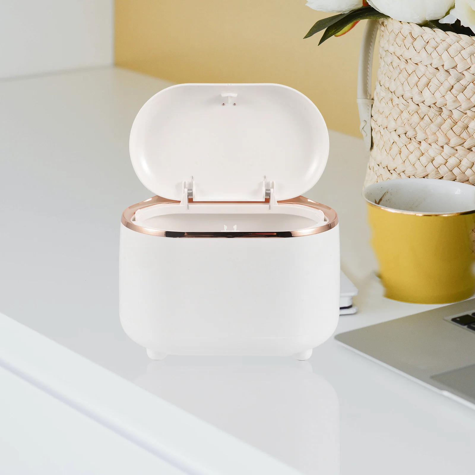 

Oval Press Lid Trash Can Desktop Plastic White Lidded Garbage Bin Office Small Waste Container Bathroom Trashcan