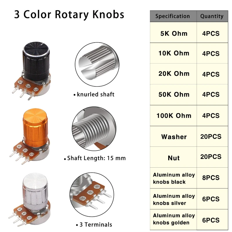 40PCS WH148 Potentiometer Kit 5K 10K 20K 50K 100K 15mm Linear Taper Rotary Potentiometer 3Pin With Rotary knobs and Nuts,Washers