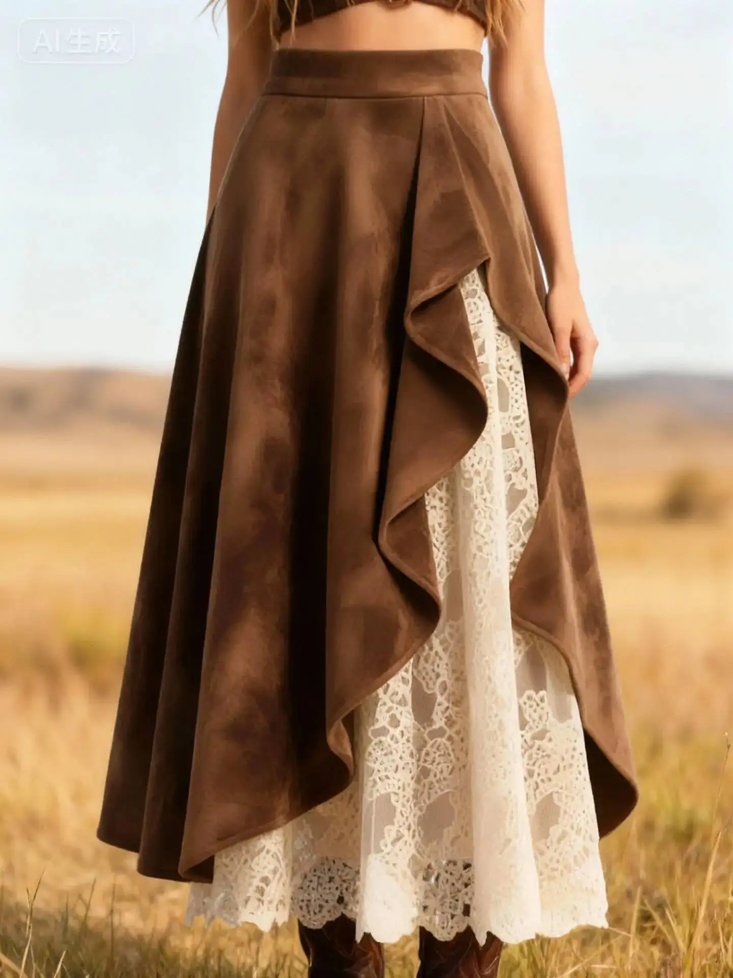 

Retro Women's Bohemian Suede High Waisted A-Line Asymmetrical Ruffle Lace Trim Casual Maxi Skirt Elegant Fashion