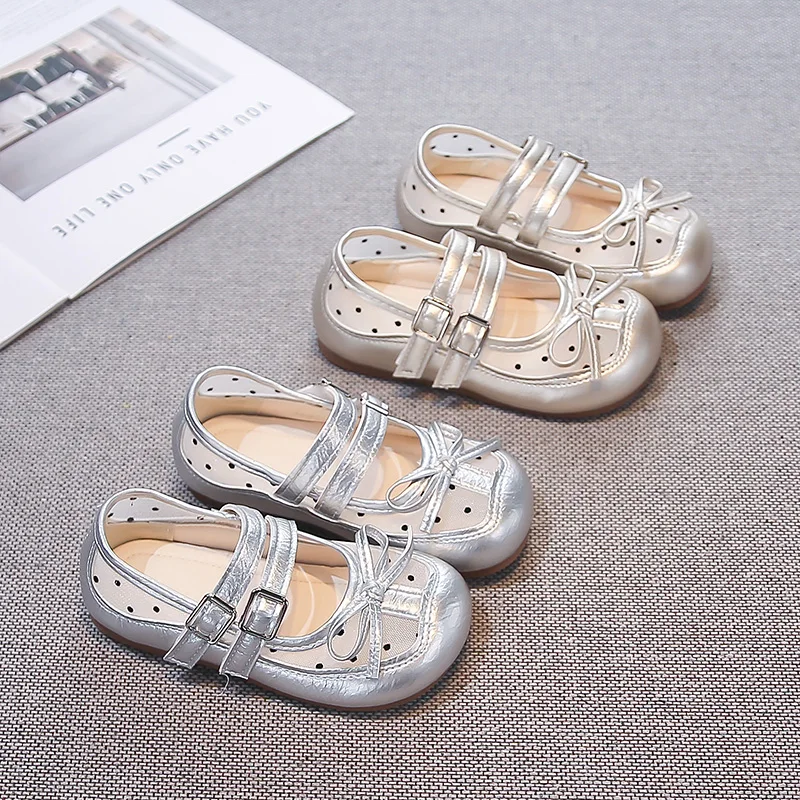 Girls Flats Mary Jane Shoes with Bow-knot Children Polka Dot Leather Shoes Mesh Breathable Kids Summer Princess Shoes