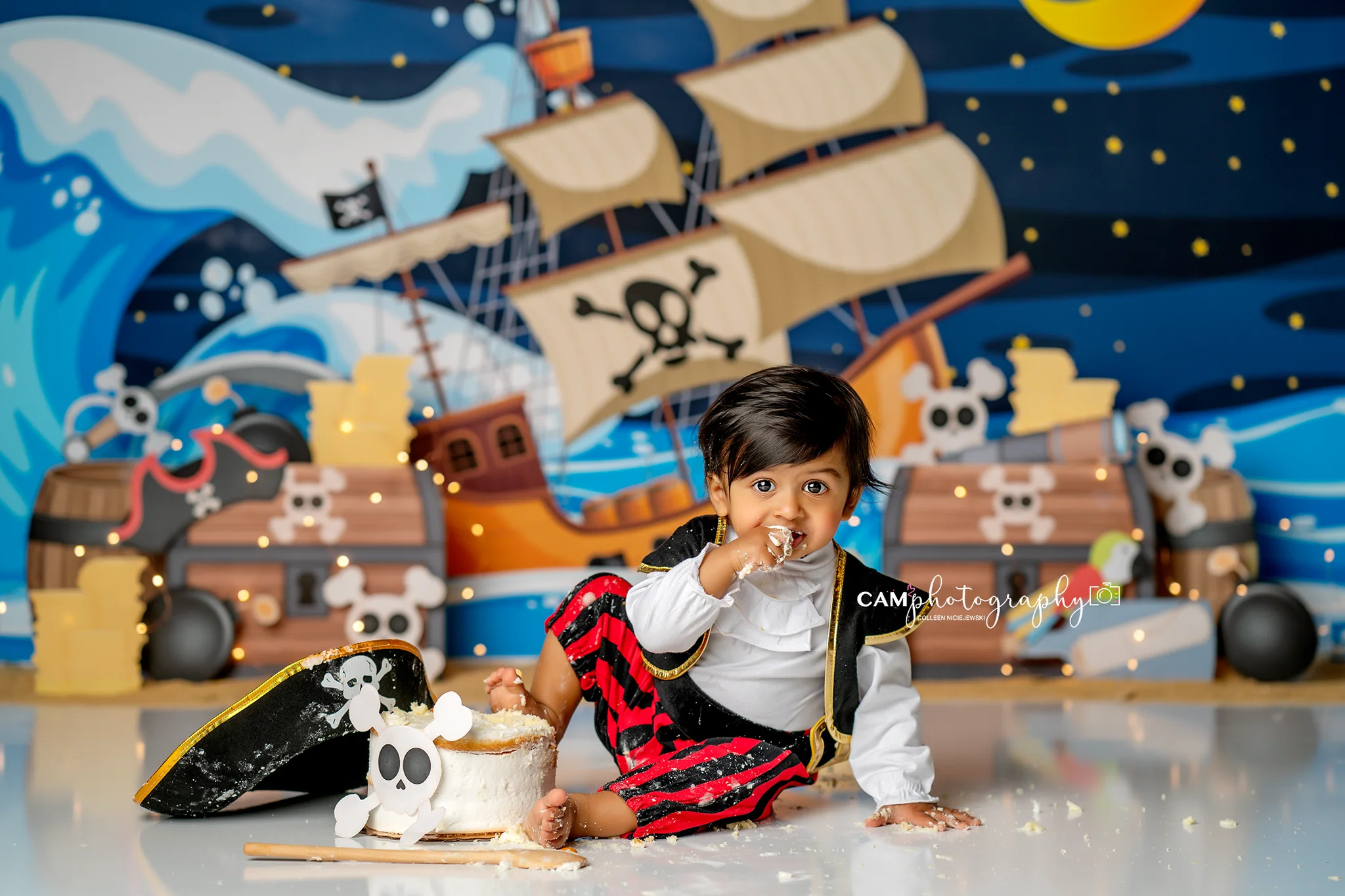 Pirate Ship Treasure Backdrop Sea Night Kids Baby Cake Smash Photography Props Child Birthday Decor Studio Backgrounds