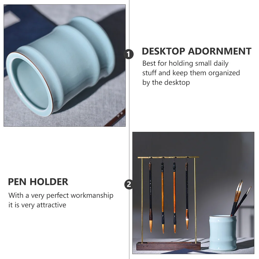 

1Pcs Celadon Calligraphy Brush Pen Holder Ceramic Cylindrical Makeup Brush Storage Jar Desktop Organizer Porcelain Pen Container