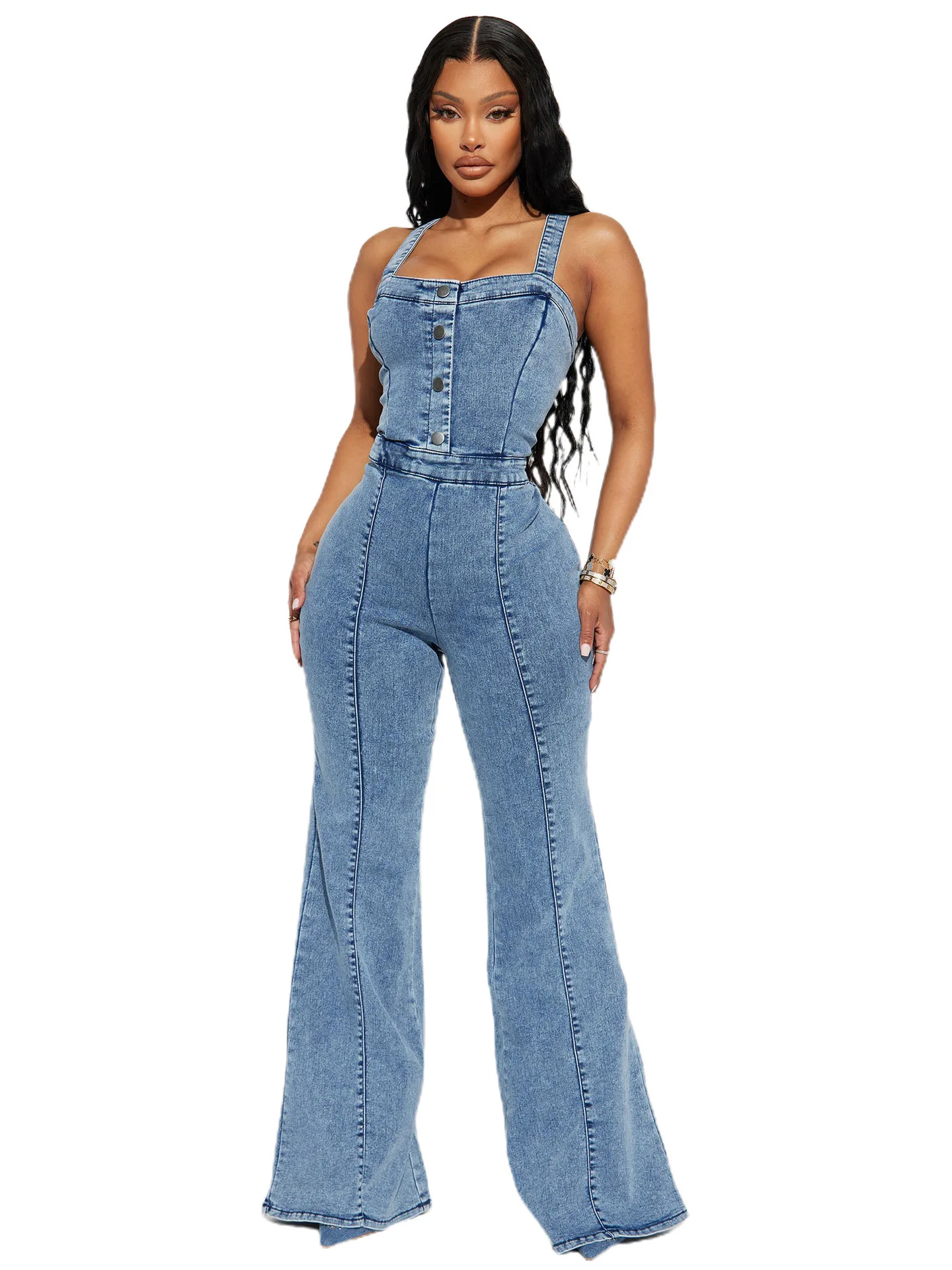 

Повседневные расклешенные брюки с бретельками и высокой талией, длинные брюки, уличные расклешенные джинсы из полиэстера для женщин, лето 2023,