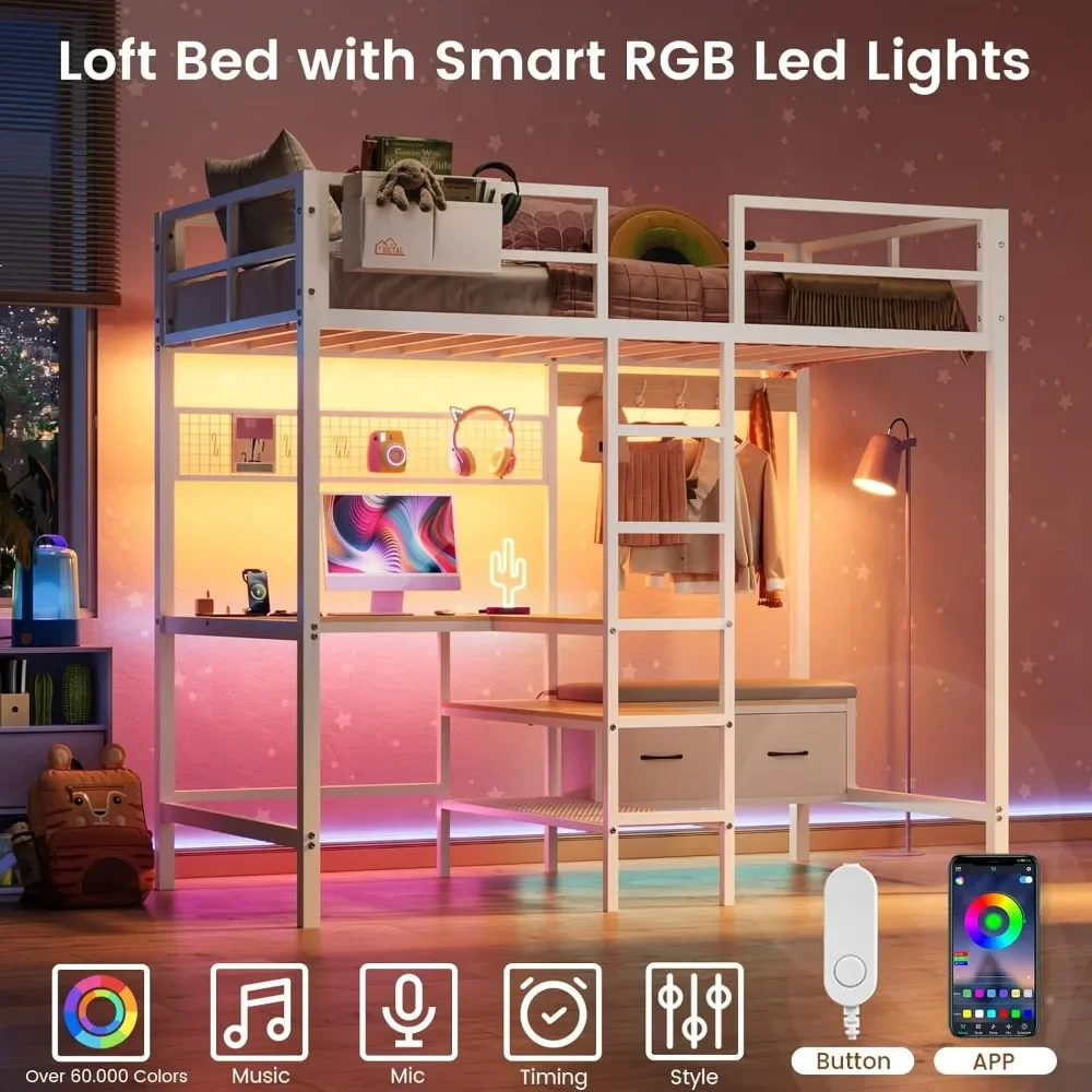 Loft Bed with L-Shaped Desk, LED Lights and Charging Station with Storage Shelves and Coat Rack with Drawers, Kids Bed