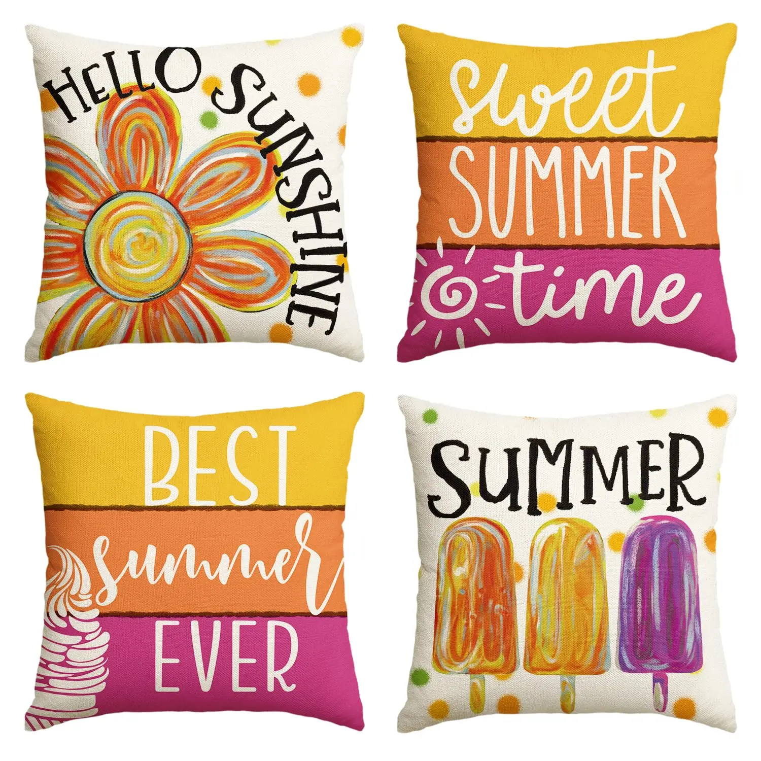 

Hello Sunshine Floral Sweet Summer Throw Pillow Covers,Popsicle Ice Cream Best Summer Ever Holiday Cushion Case Decor Set of 4
