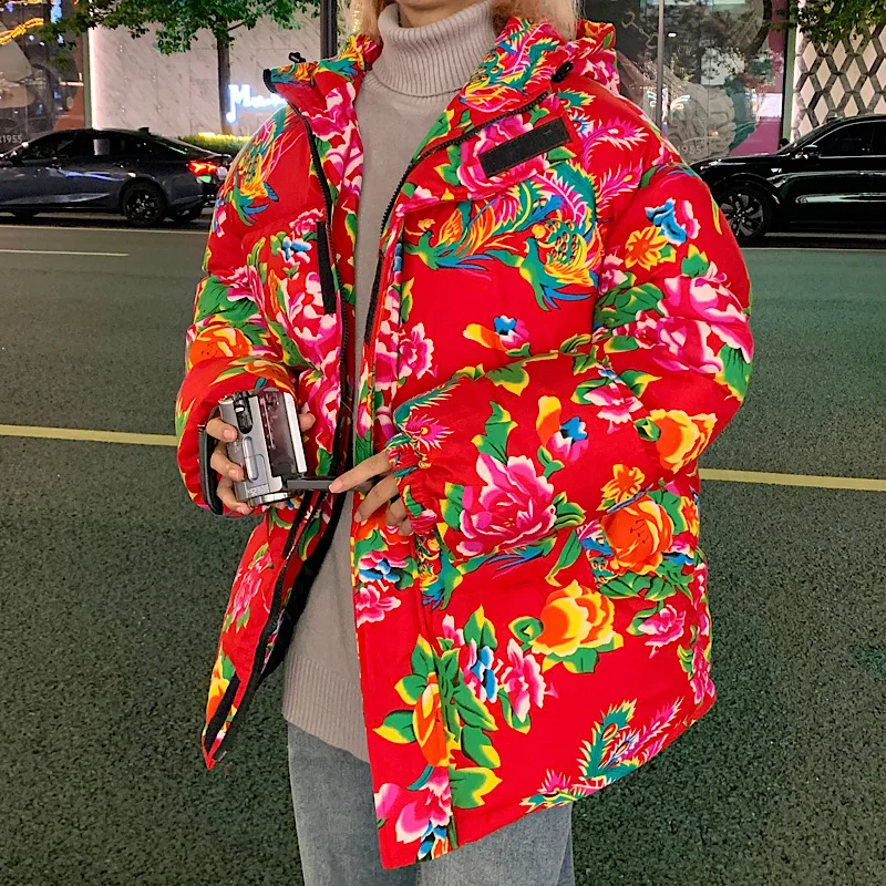 

Thickened Winter Cotton Jacket Men's Large Size Warmth Couple Outfit Northeast Big Flower Polyester Fiber Short Casual Style