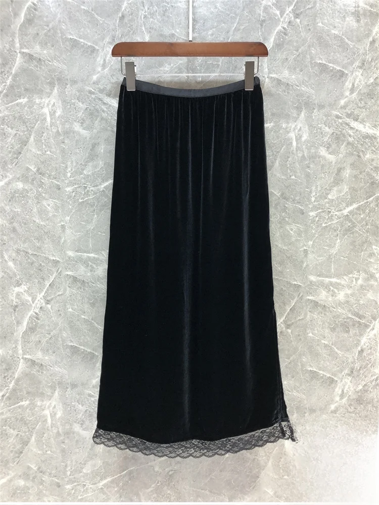 

Ele бархатная кружевная юбка с высокой талией и разрезом для женщин, летняя новинка, европейские товары, шелковый бархатный длинный доктор