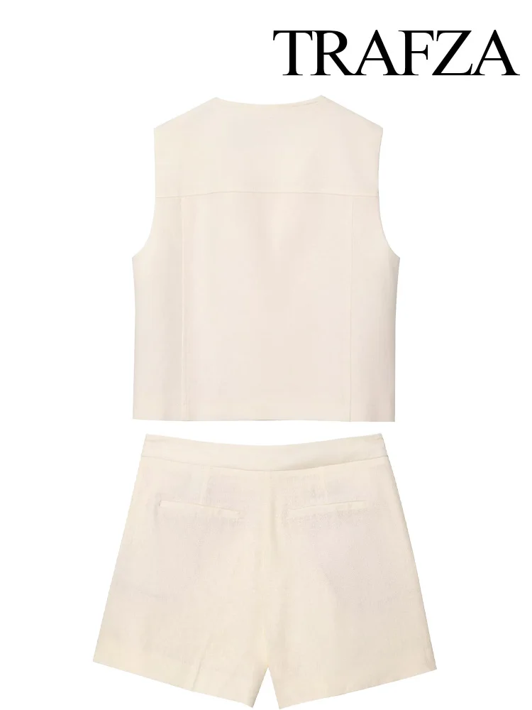 

TRAFZA Women Summer Fashion Sleeveless Double-Breasted Vest Crew Neck Top+Blended High Waist Casual Zipper Pocket Pleat Shorts