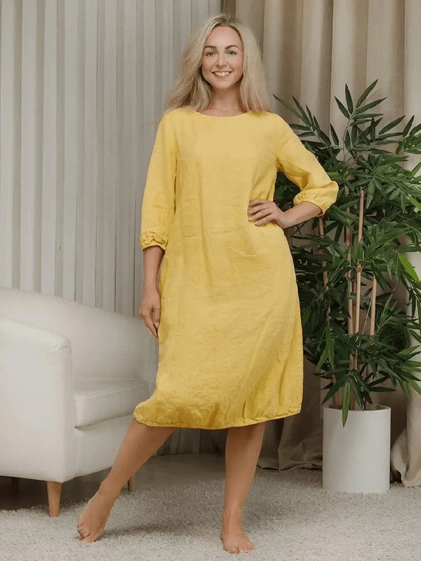 

Parc Fee Fashion Loose Yellow Cotton Women's Dress Casual O-Neck Three-Quarters Sleeve Midi Dresses Elegant Simple Female Dress