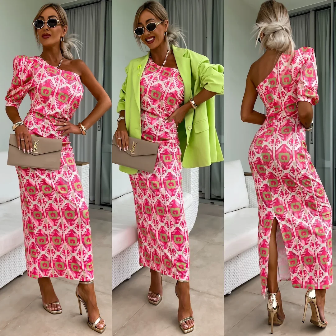 ชุดเดรสลายดอกไม้เซ็กซี่ โชว์ไหล่ ผ้าโพลีเอสเตอร์เนื้อนุ่ม ยืดหยุ่นต่ำ ทรงเข้ารูป ความยาวปานกลาง ทรงเอ