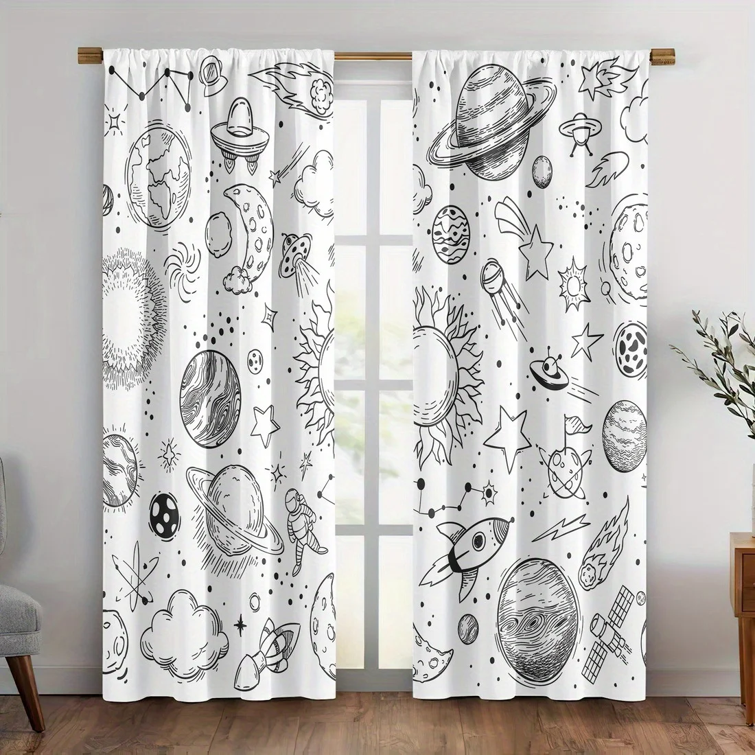 Cartoon Space Planet Galaxy Curtains Science Illustration Window Drapes for Nursery Kids Room Celestial Decor Black White Print