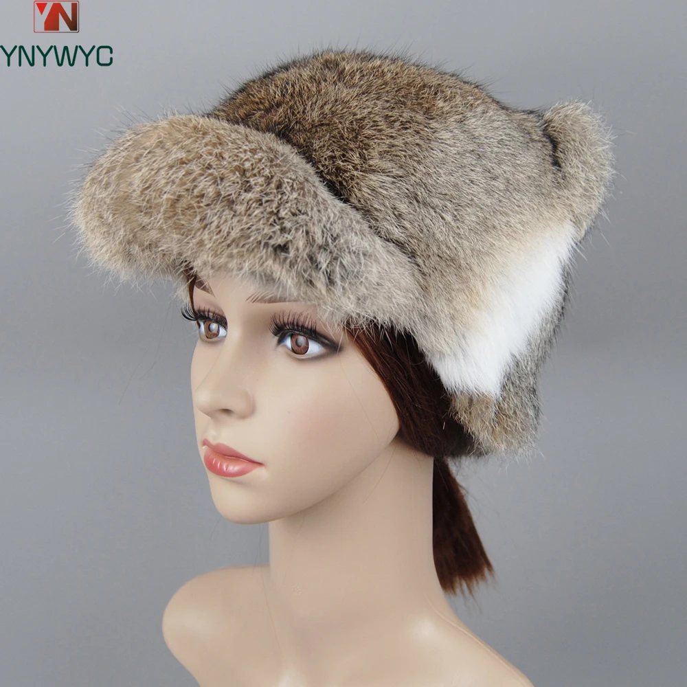 

2024 New Style Fashion Winter Warm Real Natural Rabbit Fur Thick Warm Hats Women Real Rabbit Fur Cap Brim Cute Ears Hat Girls