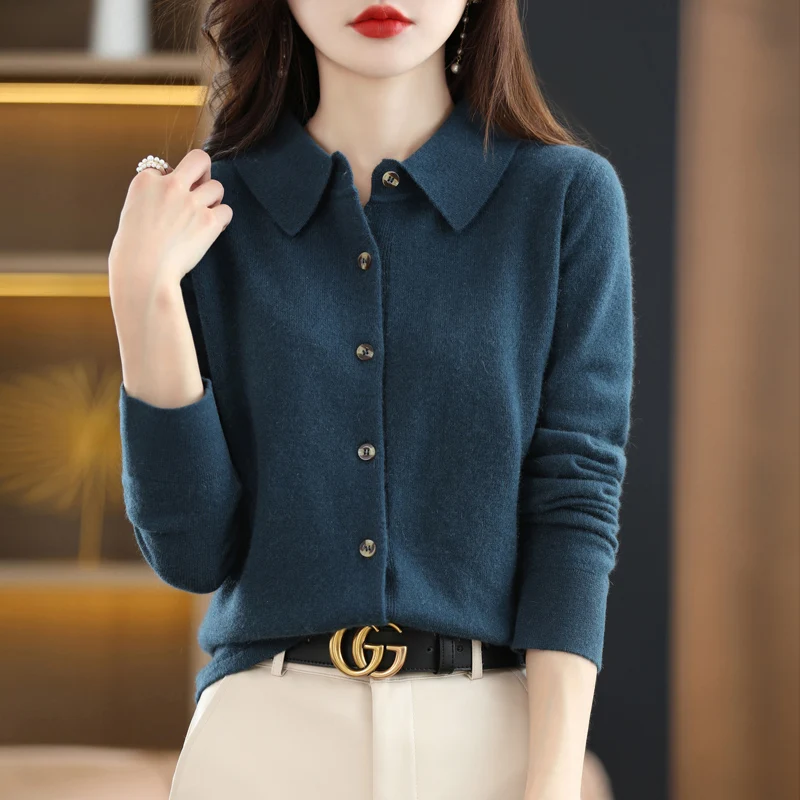 Women\'s Wool Knit Cardigan Loose Delicate PoLo Neck Sweater Jacket Solid Color Button Shirt Fashion Casual French Chic Design