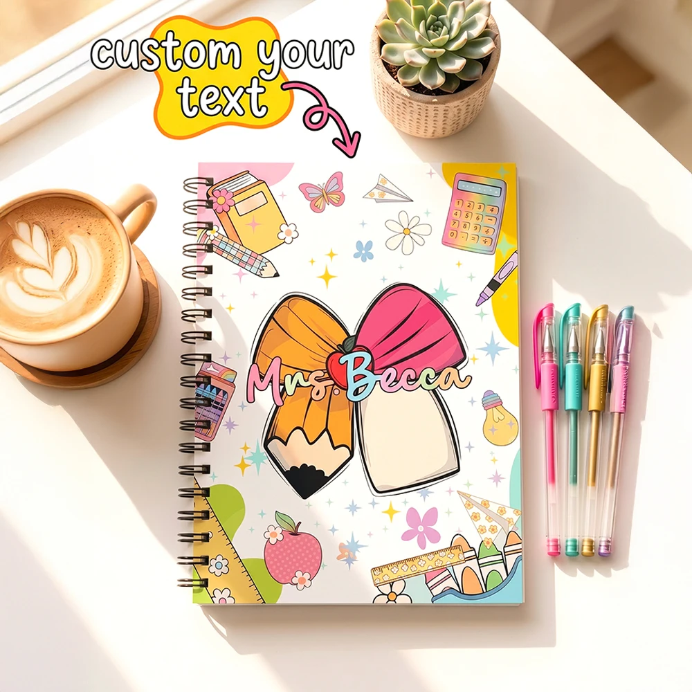 Personalized Custom Name Spiral Notebook Teacher Name Pattern Journal Back To School Office Writing Notepad Teacher Gift