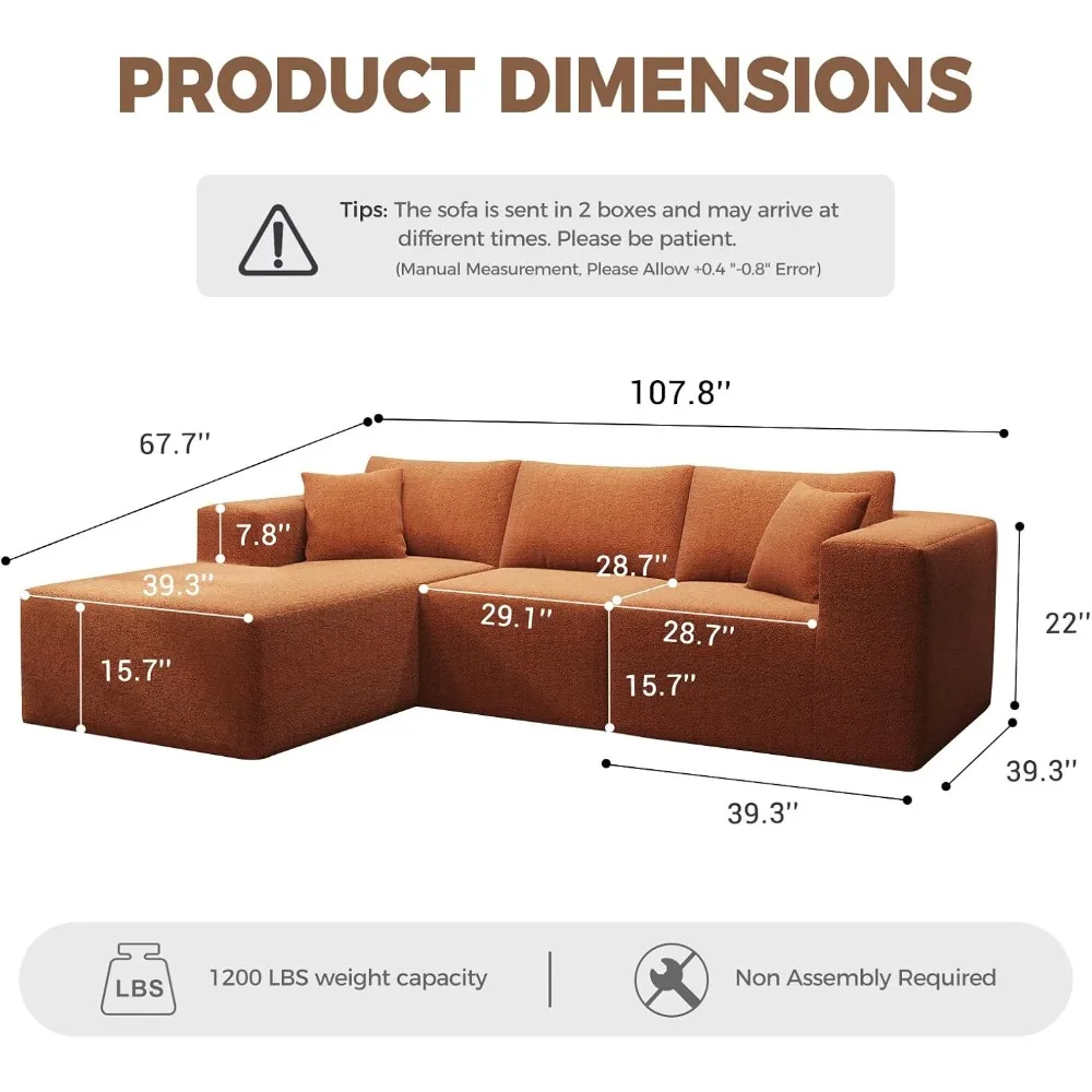 أرائك مقسمة مقاس 107 بوصة، أريكة مقطعية مكونة من 4 مقاعد مع صالة تشيس يسار، أريكة سحابة بدون عظم، أريكة منجدة على شكل حرف L #3
