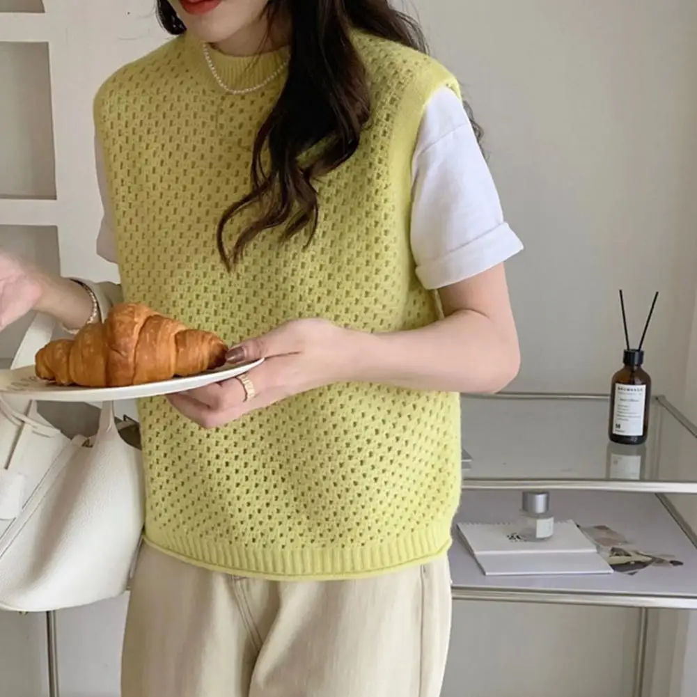

Round Neck Vest Elegant Japanese Style Knitwear Tank Top for Women Hollow Knitted Vest with O Neck Loose Fit Summer Fashion