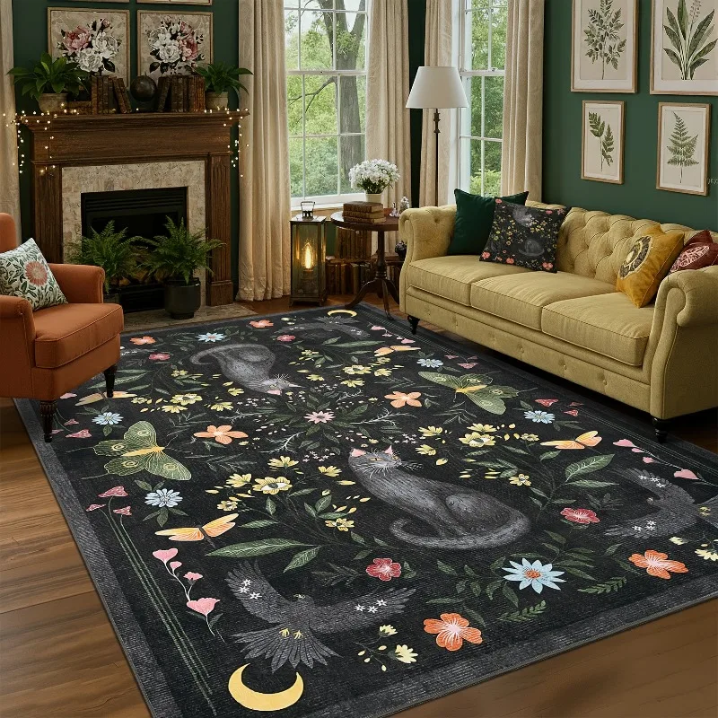 Mystical Gothic Cat Raven Moon Floral Print Anti Slip Floor Rug Soft Flannel Carpet for Living Room Bedroom Home Decor Area Mat
