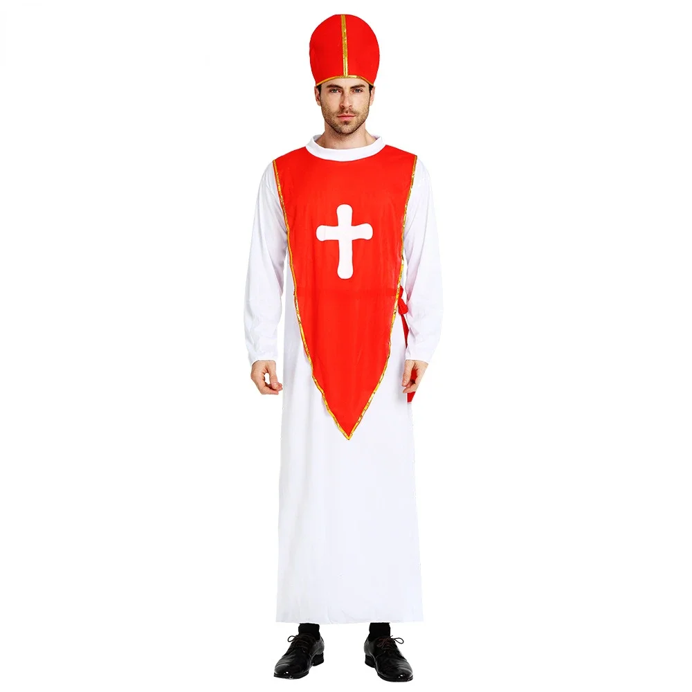 Adult Men's Priest Costume Father Robe Monk Cross for Cosplay Stage Halloween Party Outfit White Red