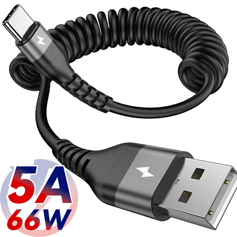 

Выдвижной кабель USB-C, 5 А, быстрое зарядное устройство, провод для передачи данных, автомобильный пружинный спиральный кабель типа C для универсального телескопического USB-шнура Android