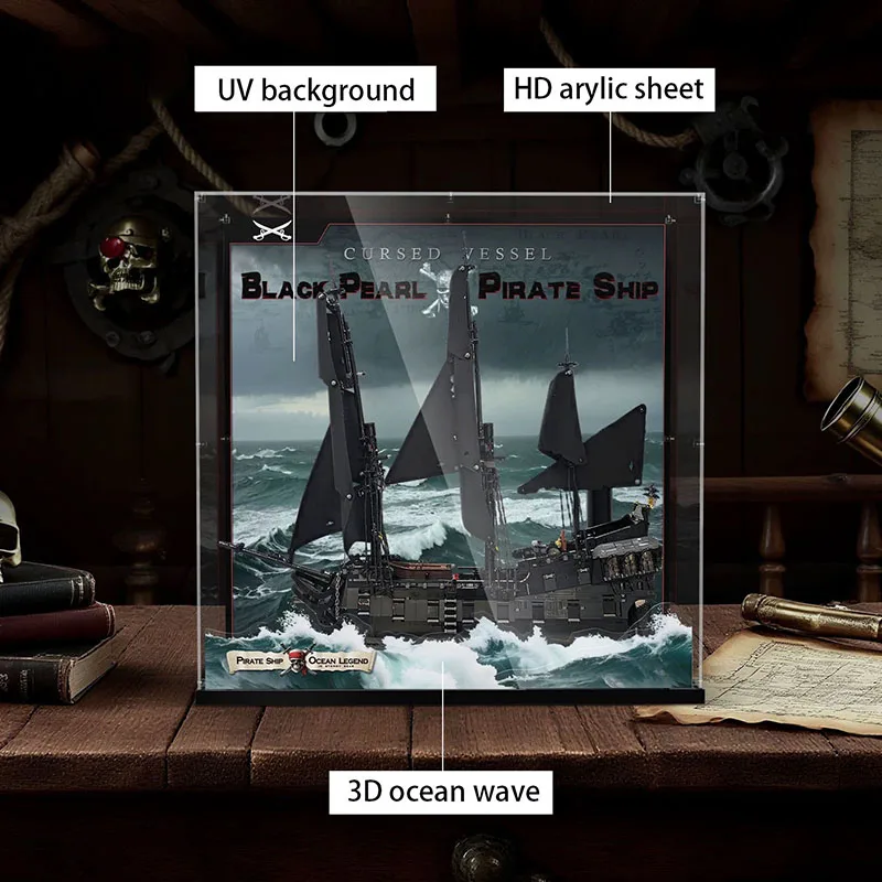 Vetrina a tema stampato UV 3D per LEGO 10365, vetrina di alto livello per i blocchi di costruzione di navi pirate di Captain Jack Sparrow