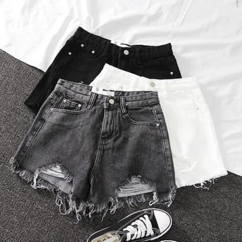 Korean Fashion Summer Shorts Women Hole High Waist Short Jeans Burrs Female Build A Word Torn Wide-Legged Short Pants Streetwear